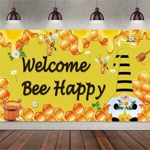 Welcome Bee Happy Backdrop Banner 70.8x43.3" Honey Bee Gnome Background Party
